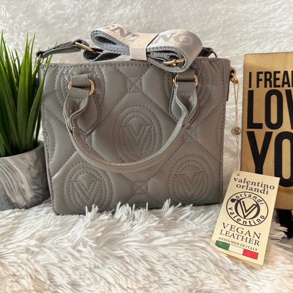NWT Valentino Orlandi Grey Vegan Leather Quilted Crossbody Handbag